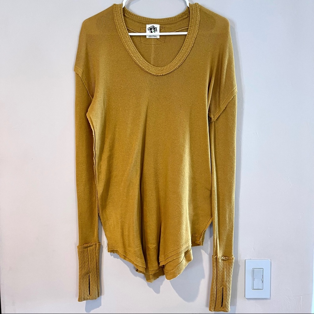 Free people Mustard Yellow thermal waffle Henley Shirt Top cuffs Size XS